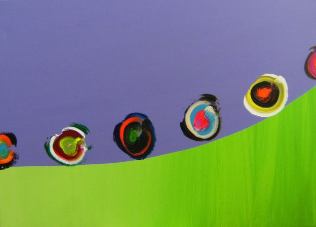 Six circles rolling down a hillside